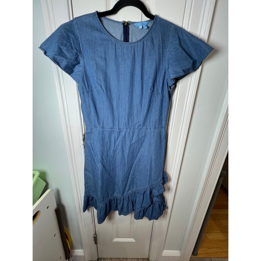 Draper James Blue Chambray Ruffle Hem Short Sleeve Dress DRD0430 Size 8